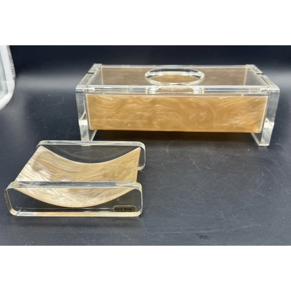 Vintage Handmade Lucite Bathroom Set MCM Acrylic Tissue Holder & Soap Dish